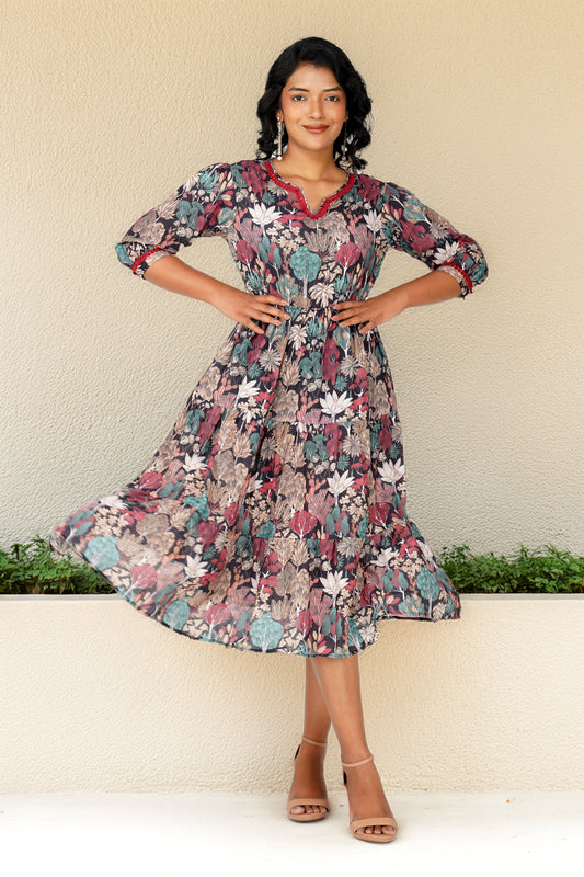 Eva Black Forest Print Cotton Blend Tier Midi Dress