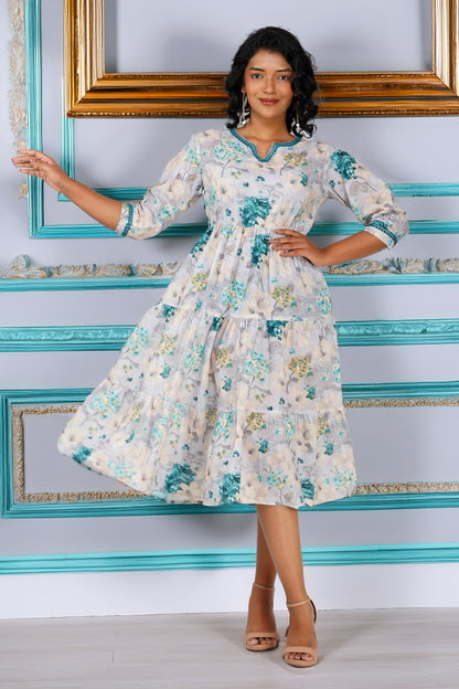 Eva Hydrangea Cotton Printed Gathered Tiered Midi Dress