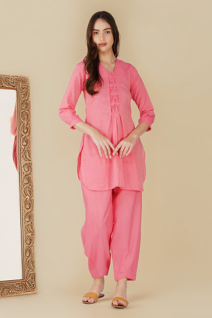 Pink Handloom Kurta Set – Beaded Neckline with Afghani Pants