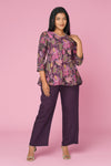 Kali Co-ord Set – Eggplant Print Tunic with Zari Lace & Flared Silk Pants