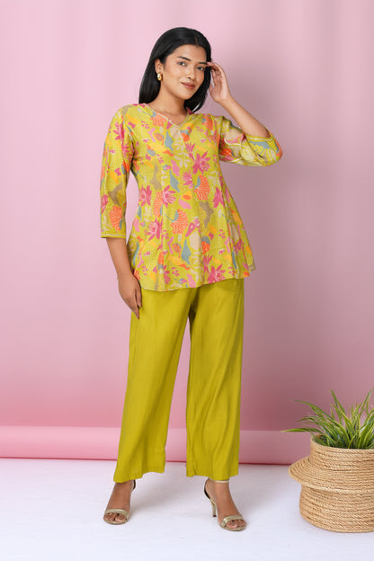 Kali Co-ord Set – Lime Green Print Tunic with Zari Lace & Flared Silk Pants