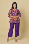 Kali Co-ord Set – Purple Print Tunic with Zari Lace & Flared Silk Pants