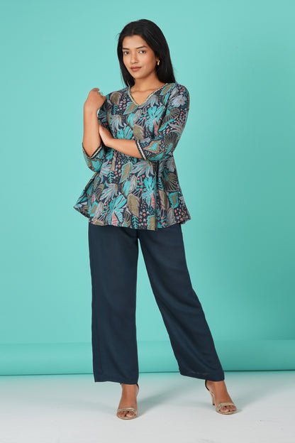 Kali Co-ord Set – Midnight Blue Tunic with Zari Lace & Flared Silk Pants
