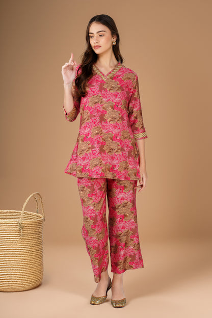 Kiara Co-ord Set – Rani Pink Floral Kurta with Sequin Jute Lace & Matching Palazzos (2-Piece Set)