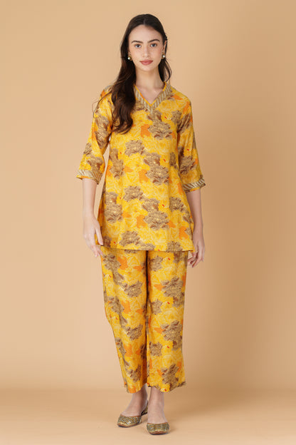 Kiara Co-ord Set – Yellow Floral Kurta with Sequin Jute Lace & Matching Palazzos (2-Piece Set)