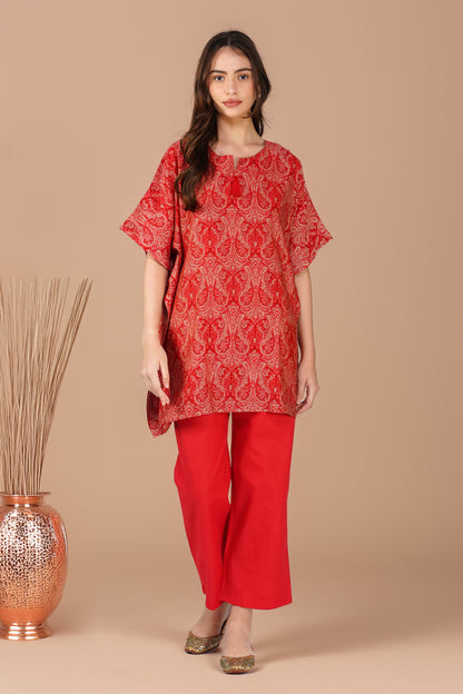 Kulfi Co-ord Set – Red Paisley Kaftan with Pearl Detail & Solid Pants (2-Piece Set)