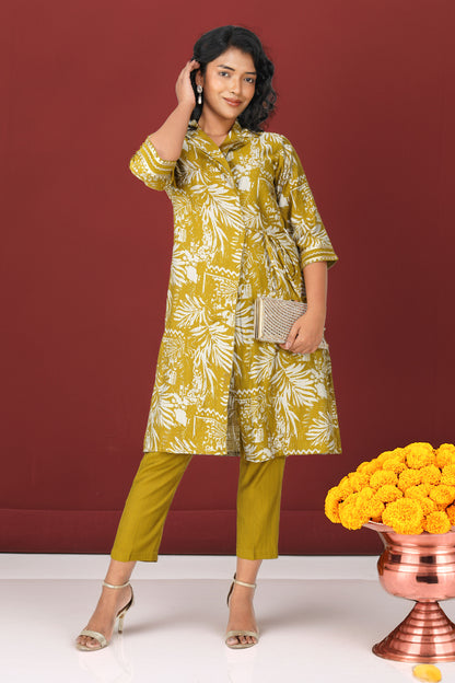 Laila Co-ord Set – Yellow Green Printed Jacket Style Top with Solid Pants (2-Piece Set)