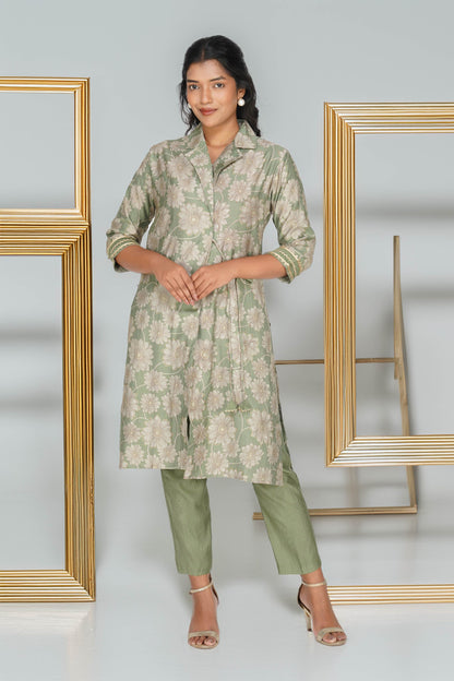 Laila Co-ord Set – Sage Green Floral Jacket Style Top with Solid Pants (2-Piece Set)