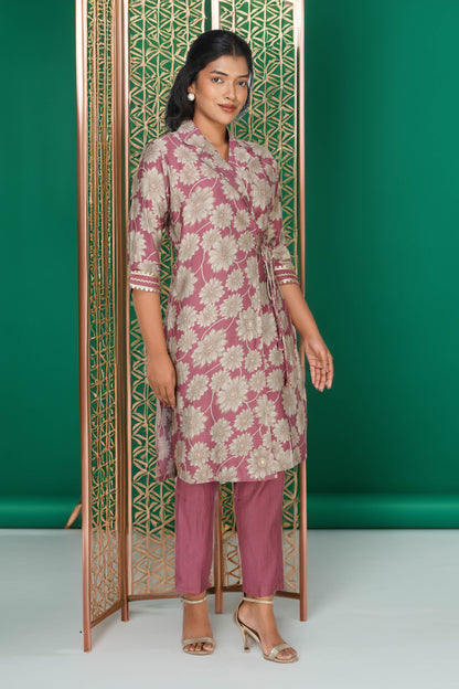 Laila Co-ord Set – Rose Gold Floral Jacket Style Top with Solid Pants (2-Piece Set)