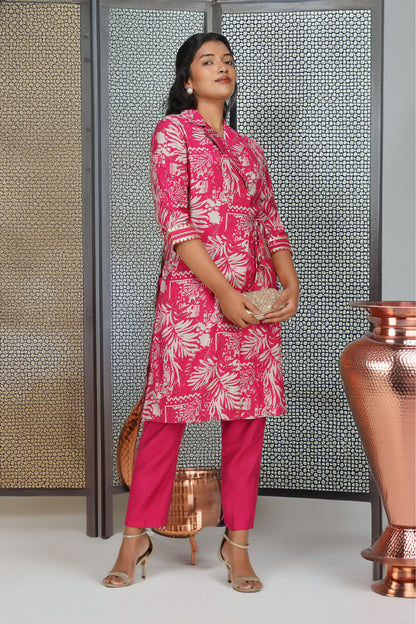 Laila Co-ord Set – Pink Printed Jacket Style Top with Solid Pants (2-Piece Set)