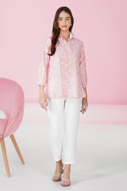 Pastel Pink Tie-Up Floral Shirt Co-ord – with White CEY Pants