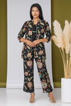 Maahi Co-ord Set – Black Floral Jacket, Solid Inner & Printed Palazzos (3-Piece Set)
