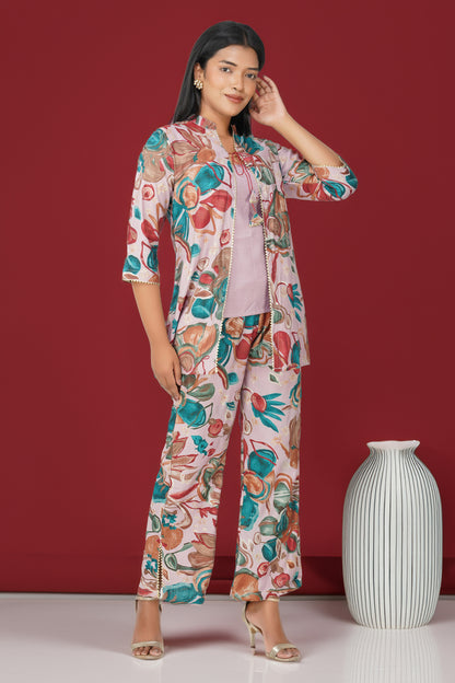 Maahi Co-ord Set – Lilac Floral Jacket, Solid Inner & Printed Palazzos (3-Piece Set)
