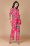 Maahi Co-ord Set – Pink Printed Jacket, Solid Inner & Palazzos (3-Piece Set)