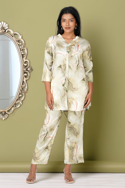 Marbling Co-ord Set – Green Marbling Print with Gold Highlights &amp; Latkan Detail