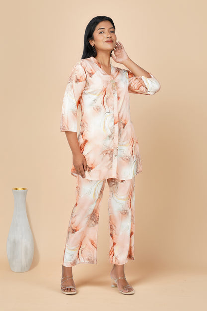 Marbling Co-ord Set – Peach Marbling Print with Gold Highlights & Latkan Detail