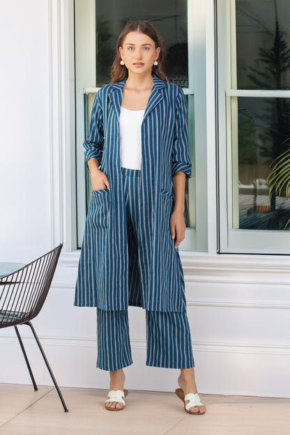Raahi Dark Blue Jacket Co-ord Set – 3-Piece with Spaghetti Top & Flared Pants