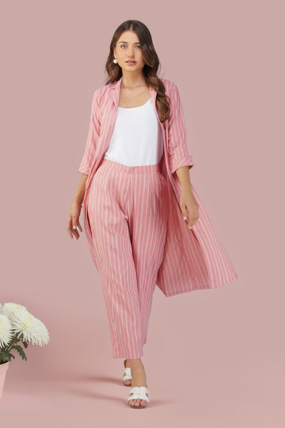 Raahi Blush Peach Jacket Co-ord Set – 3-Piece with Spaghetti Top & Striped Flared Pants