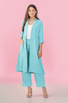 Raahi Sea Blue Jacket Co-ord Set – 3-Piece with Spaghetti Top & Striped Flared Pants