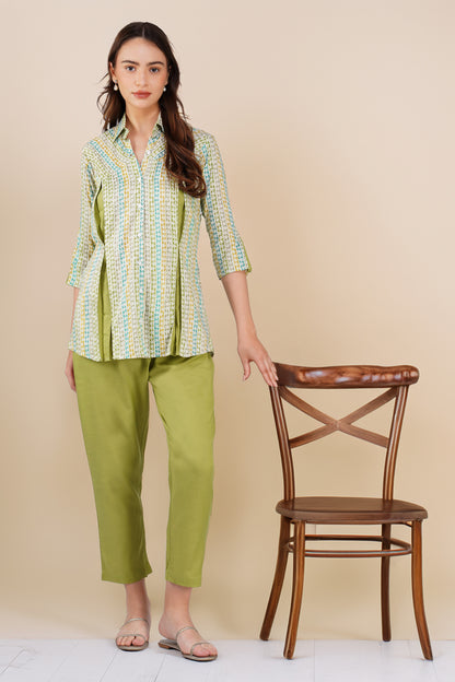Fresh Green Floral Shirt Co-ord Set – Contrast Panel Top with Solid Pants