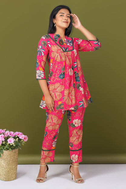 Rani Floral Printed Co-ord Set – Flared Kurta with Lace & Printed Pants