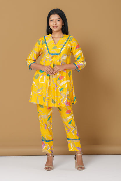 Yellow Floral Printed Co-ord Set – Flared Kurta & Printed Modal Pants