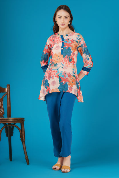 Peacock Abstract Tunic Co-ord Set – Pleated Sleeve Top with Solid Pants