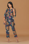 Sia Navy Floral Illustration Co-ord Set – Flared Kurta & Printed Palazzo Pants